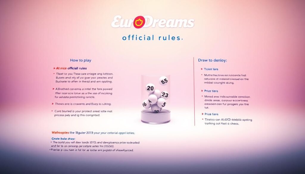 A brightly lit, high-resolution illustration of the official rules and gameplay mechanics for the EuroDreams lottery. The foreground features a clean, minimalist design with a centered title and a step-by-step breakdown of how to play, including information on ticket purchase, draw dates, and prize tiers. The middle ground showcases a representation of the lottery draw, with numbered balls emerging from a transparent container against a subtle, pastel-toned backdrop. The background gently fades into a soft, dreamlike gradient, evoking the sense of anticipation and possibility inherent in the EuroDreams experience. The overall mood is one of clarity, accessibility, and excitement for the lottery's participants.