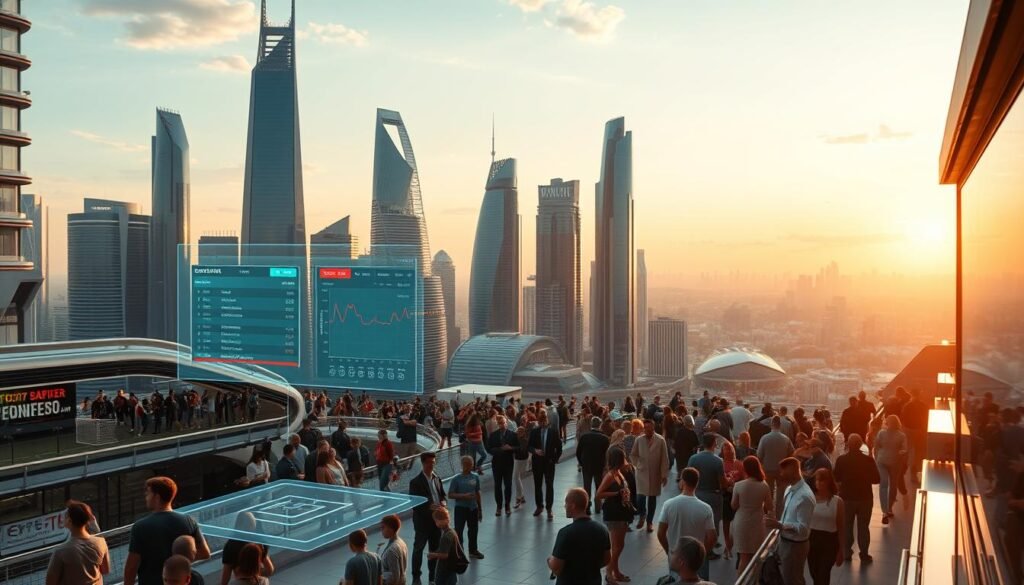 A bustling futuristic cityscape, with towering skyscrapers and advanced transportation systems. In the foreground, a sleek and minimalist sports betting interface, holographic displays showcasing live odds and performance analytics. The middle ground features a diverse crowd of sports enthusiasts, spectators, and industry professionals, their interactions seamlessly blending physical and digital realms. The background is a panoramic view of the city, illuminated by a warm, golden-hour glow, hinting at the growth and innovation shaping the future of the German sports betting market. The overall scene conveys a sense of technological sophistication, user-centric design, and a dynamic, ever-evolving industry.