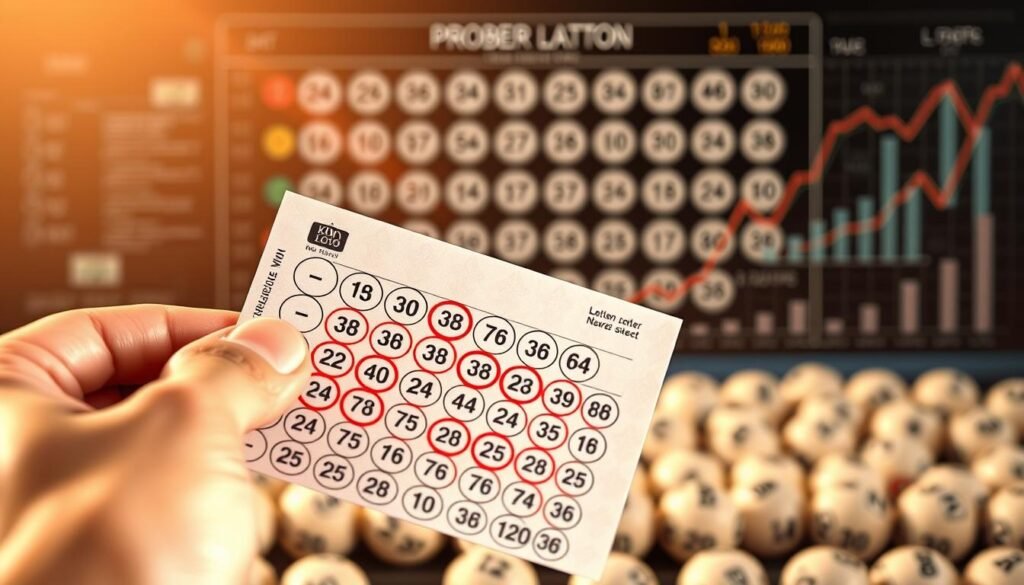 A detailed illustration of a "Zahlen ankreuzen Strategie" for increasing lottery win chances. In the foreground, a hand holds a lottery ticket with numbers circled in a methodical pattern. The middle ground showcases a grid of numbered balls, representing the lottery draw. In the background, an abstract visualization of probability and statistical analysis, with graphs and charts. The scene is bathed in a warm, contemplative lighting, evoking a sense of strategic planning and thoughtful decision-making. The overall mood is one of focused determination, suggesting a systematic approach to improving one's odds in the Keno Lotto game.