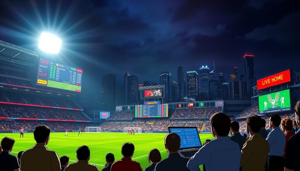 A dynamic sports stadium at night, the field illuminated by brilliant floodlights. In the foreground, a group of animated spectators intently watching a live match unfold, their faces lit by the glow of a large display screen showcasing live betting odds and match statistics. The middle ground features a team of analysts poring over data, formulating strategies and making real-time predictions. In the background, a sprawling cityscape with skyscrapers and bright neon signs, symbolizing the high-stakes, high-energy world of live sports betting. The overall atmosphere is one of excitement, anticipation, and the thrill of the unexpected, capturing the essence of successful live betting strategies.