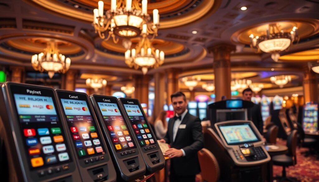 A lavishly designed casino interior with ornate decor, opulent chandeliers, and a warm, inviting atmosphere. In the foreground, a row of payment terminals displaying various payment method icons, including credit cards, e-wallets, and mobile payment options. The middle ground features a stylish cashier's desk with a friendly attendant assisting a customer. In the background, the casino's gaming tables and slot machines are visible, creating an immersive and visually engaging scene. The lighting is soft and flattering, creating a sense of luxury and sophistication. The overall composition and attention to detail convey the professionalism and trustworthiness of the RTbet Casino's payment system.