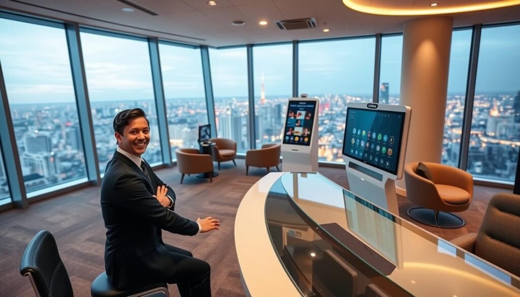 A modern, well-lit interior of a customer service center at the LuckyCircus online casino. In the foreground, a friendly casino employee in a crisp uniform sits at a sleek, glass-topped desk, engaging with a customer via a high-resolution video call display. The middle ground features a stylish waiting area with plush chairs and a large, interactive touchscreen kiosk where patrons can access information about the casino's offerings. In the background, floor-to-ceiling windows offer a panoramic view of a vibrant cityscape, conveying a sense of professionalism and sophistication. The lighting is warm and inviting, creating a welcoming atmosphere that puts customers at ease as they receive attentive, personalized service.