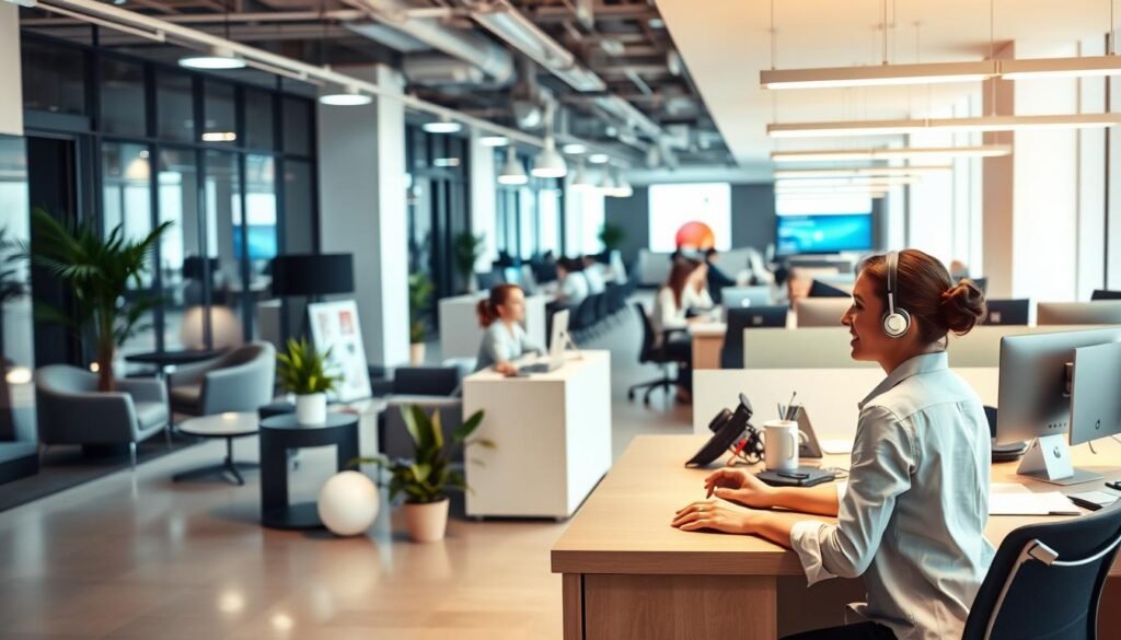 A modern, well-lit office interior with a warm, welcoming atmosphere. In the foreground, a customer service representative sits at a desk, attentively assisting a customer with a friendly, professional demeanor. The middle ground features a sleek, minimalist reception area with comfortable seating, potted plants, and a display showcasing the company's products or services. The background is filled with an array of workstations, where additional support staff are collaborating or attending to client inquiries, all bathed in soft, harmonious lighting that creates a sense of productivity and efficiency.