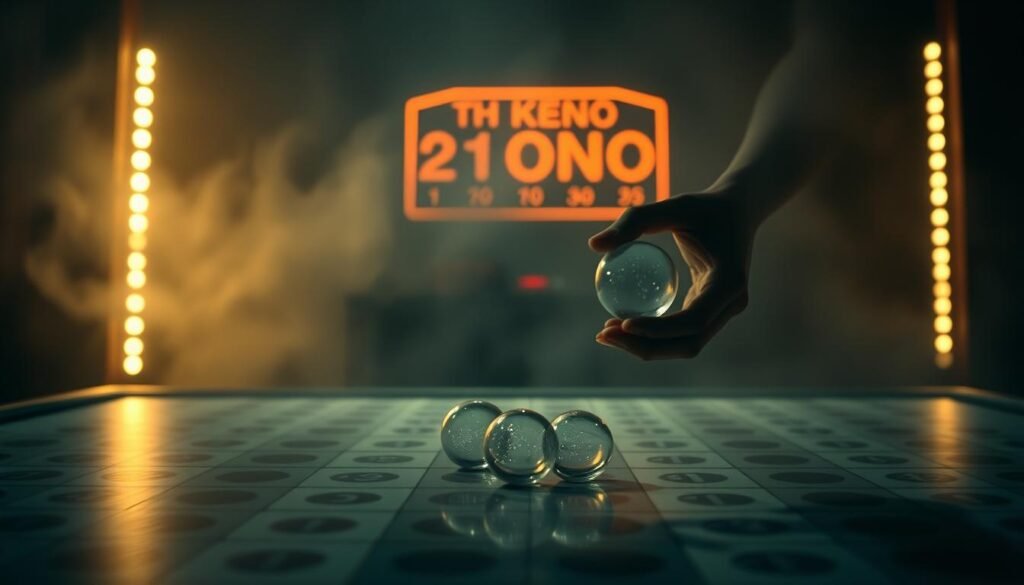 A serene and mystical keno game unfolding, with no numbers or winning indicators visible. The scene depicts a hazy, dreamlike atmosphere, as if the game itself is a hidden, arcane ritual. In the foreground, a pair of hands gently manipulate a set of transparent keno balls, their movements fluid and purposeful. The middle ground features a dimly lit keno table, its surface smooth and reflective, evoking a sense of tranquility. The background is shrouded in a soft, ethereal glow, hinting at the esoteric nature of the game. The lighting is subdued, casting long shadows and creating a sense of depth and mystery. The overall mood is one of quiet contemplation, inviting the viewer to ponder the secrets and hidden possibilities of keno.