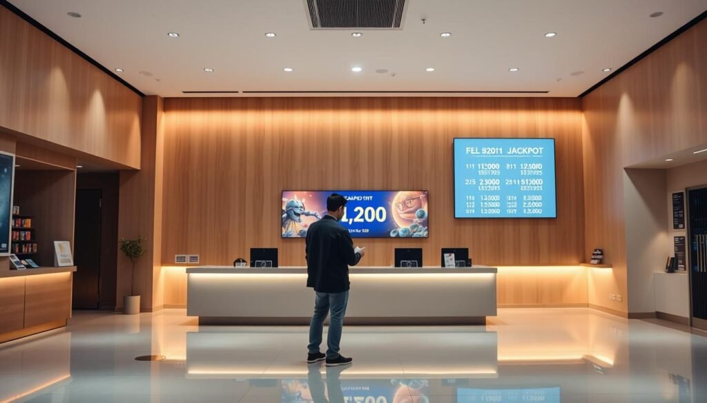 A serene, modern lottery office with an inviting atmosphere. In the foreground, a person standing at a counter, carefully filling out a lottery ticket. The middle ground showcases a sleek, minimalist interior design with warm lighting and clean lines. In the background, a large display screen showcases the current jackpot and upcoming draw dates, creating a sense of anticipation. The overall mood is one of excitement and possibility, reflecting the thrill of participating in the El Nino Lottery.