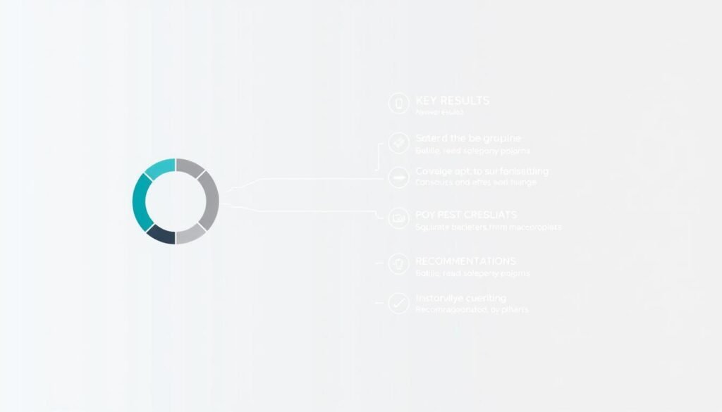 A sleek, modern infographic showcasing key results and recommendations. A central graphic in the foreground, perhaps a circular chart or bar graph, stands out against a neutral background. The design is clean and minimalist, with plenty of white space. Subtle gradients or textures add depth and visual interest. The color palette is muted, perhaps featuring shades of blue, gray, and white to convey a sense of professionalism and authority. The overall impression is one of clarity, data-driven insights, and thoughtful guidance.