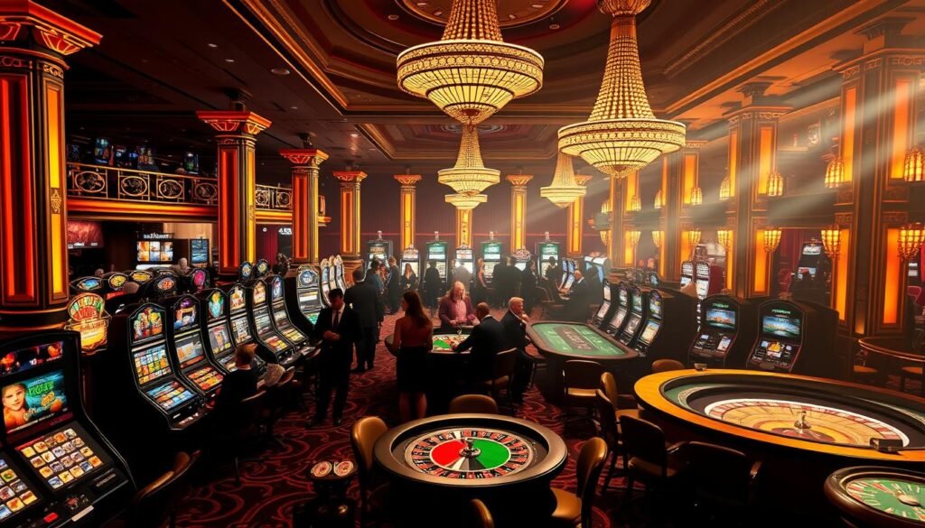 A vibrant casino interior, bathed in warm lighting and rich textures. The foreground features a large array of classic and modern casino games - slot machines, roulette tables, card tables, and more - all inviting players to explore the diverse gaming options. In the middle ground, silhouettes of guests engaged in lively gameplay, creating an atmosphere of excitement and anticipation. The background showcases the glamorous architectural details of the LuckyCircus casino, with ornate chandeliers, gilded columns, and plush furnishings setting the mood for an unforgettable gaming experience. Overall, the scene conveys a sense of luxurious indulgence, high-stakes thrills, and the endless possibilities of the diverse games offered at LuckyCircus Online Casino.