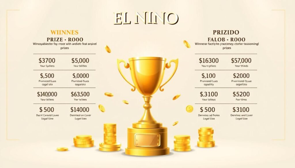 Elegant illustration depicting the prize tiers and payouts of the El Nino Lottery. A central focal point showcases a golden trophy or prize cup, surrounded by an array of currency symbols and numerical values to represent the various winning classes. The background features a clean, minimalist design with soft, warm lighting to convey a sense of prestige and opportunity. The overall composition should be visually striking and informative, effectively communicating the rules and potential rewards of the El Nino Lottery game.