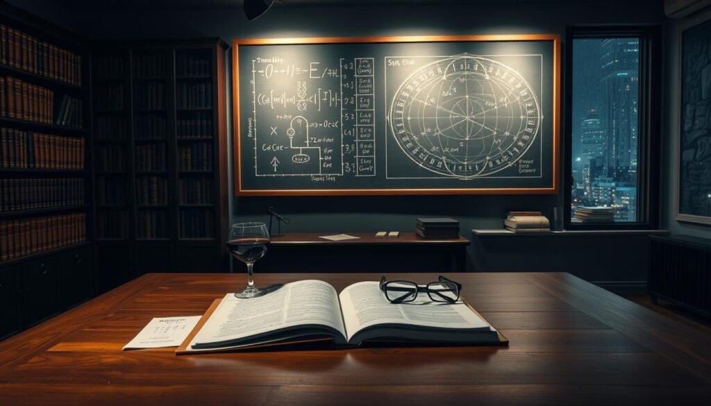Strategien für Gewinnchancen A serene, dimly lit study with a large wooden desk in the foreground. On the desk, an open book with handwritten notes, a glass of wine, and a pair of reading glasses. Behind the desk, a wall-mounted chalkboard displays a complex diagram with equations and charts. The far wall features a bookshelf filled with leather-bound tomes, casting warm, soft light across the room. In the background, a large window overlooks a nighttime cityscape, the twinkling lights reflecting off a rainy surface. The overall atmosphere is one of contemplation, focus, and the pursuit of knowledge - the perfect setting to illustrate strategies for success in the Euro Dreams Lottery.